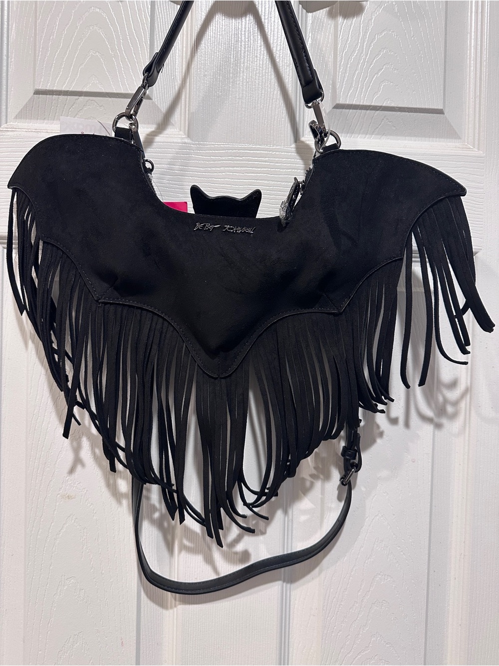 Black Bat Fringe Suede Shoulder Bag by Betsey Johnson